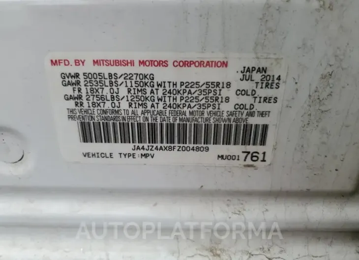 MITSUBISHI outlander 2015 vin JA4JZ4AX8FZ004809 from auto auction Copart