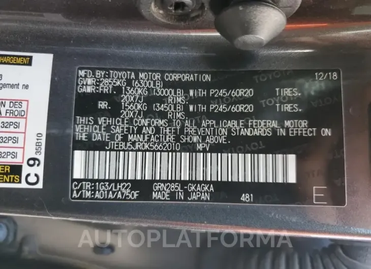 TOYOTA 4RUNNER SR 2019 vin JTEBU5JR0K5662010 from auto auction Copart