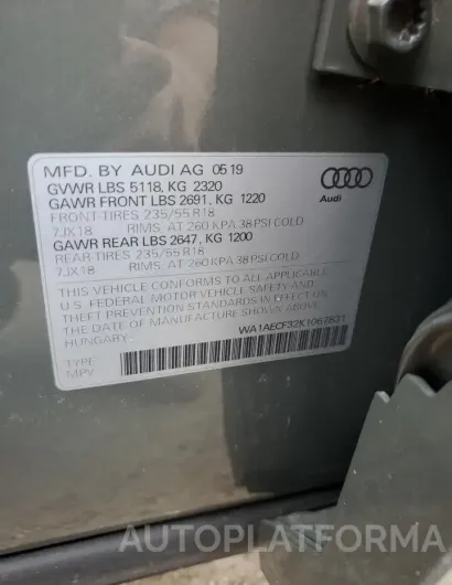 AUDI Q3 PREMIUM 2019 vin WA1AECF32K1067831 from auto auction Copart