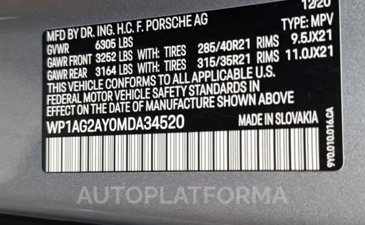 PORSCHE CAYENNE GT 2021 vin WP1AG2AY0MDA34520 from auto auction Copart