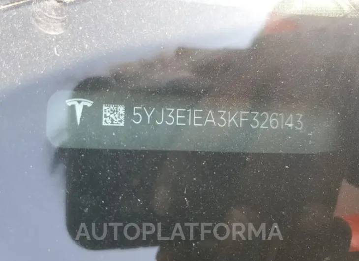 TESLA MODEL 3 2019 vin 5YJ3E1EA3KF326143 from auto auction Copart