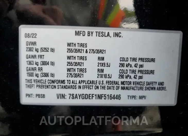 TESLA MODEL Y 2022 vin 7SAYGDEF1NF516446 from auto auction Copart