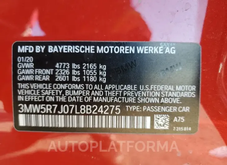 BMW 330XI 2020 vin 3MW5R7J07L8B24275 from auto auction Copart