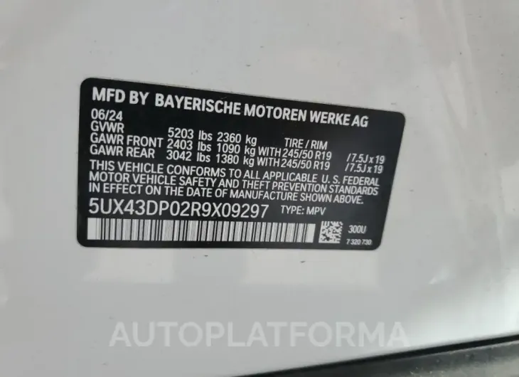 BMW X3 SDRIVE3 2024 vin 5UX43DP02R9X09297 from auto auction Copart