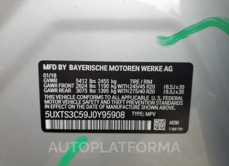 BMW X3 XDRIVEM 2018 vin 5UXTS3C59J0Y95908 from auto auction Copart