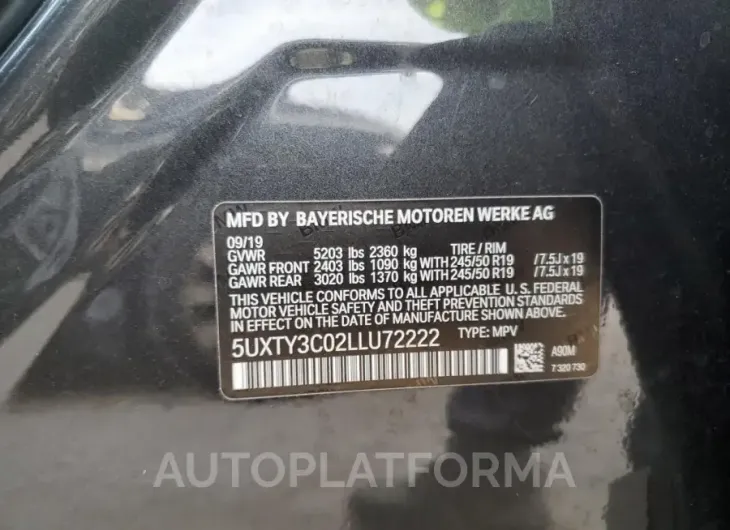 BMW X3 SDRIVE3 2020 vin 5UXTY3C02LLU72222 from auto auction Copart