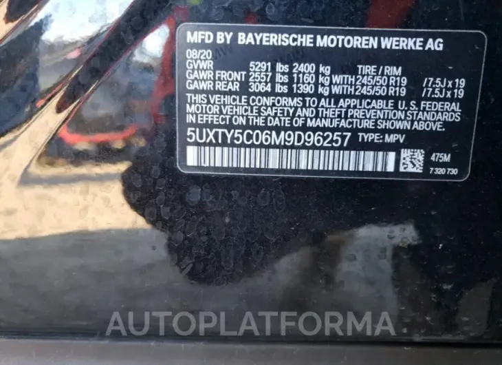 BMW X3 XDRIVE3 2021 vin 5UXTY5C06M9D96257 from auto auction Copart