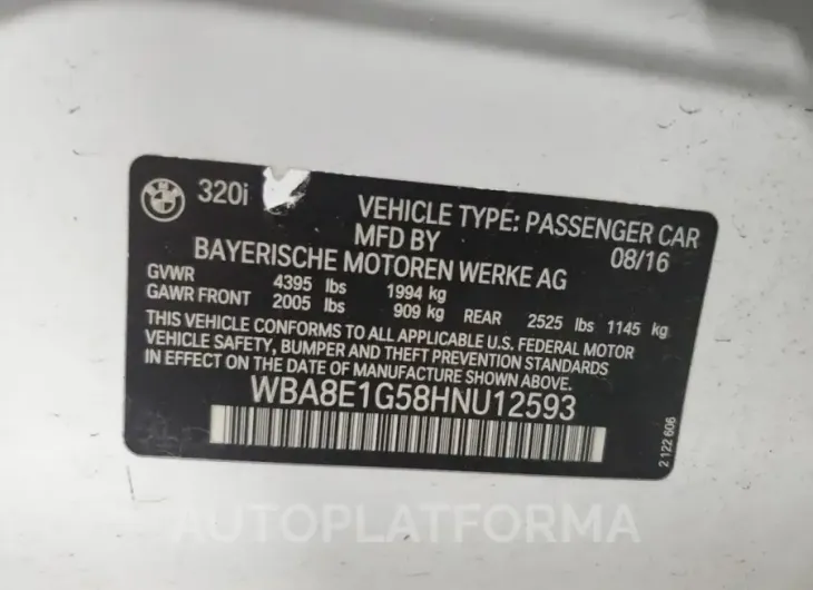 BMW 320 I 2017 vin WBA8E1G58HNU12593 from auto auction Copart