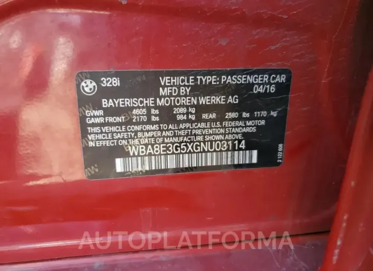 BMW 328 XI SUL 2016 vin WBA8E3G5XGNU03114 from auto auction Copart