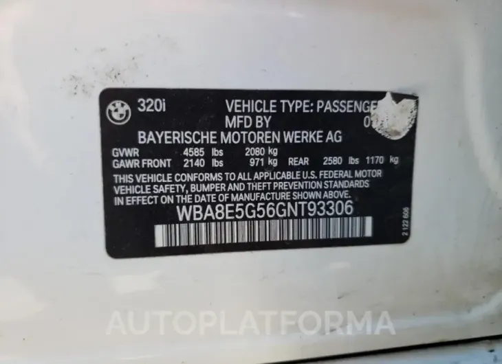 BMW 320 XI 2016 vin WBA8E5G56GNT93306 from auto auction Copart