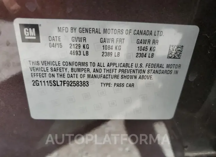 CHEVROLET IMPALA LT 2015 vin 2G1115SL7F9258383 from auto auction Copart