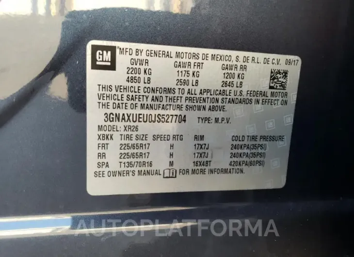 CHEVROLET EQUINOX LT 2018 vin 3GNAXUEU0JS527704 from auto auction Copart