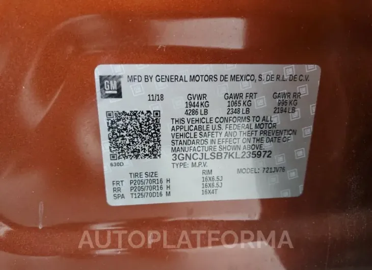 CHEVROLET TRAX 1LT 2019 vin 3GNCJLSB7KL235972 from auto auction Copart