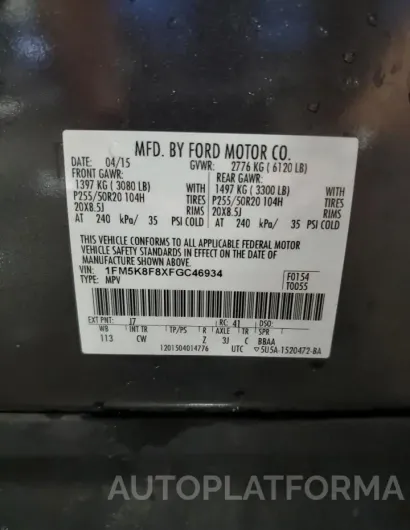 FORD EXPLORER L 2015 vin 1FM5K8F8XFGC46934 from auto auction Copart