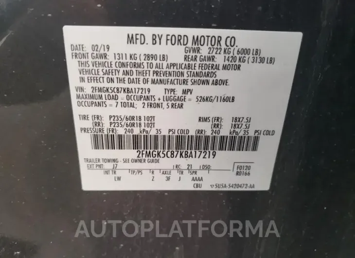 FORD FLEX SEL 2019 vin 2FMGK5C87KBA17219 from auto auction Copart