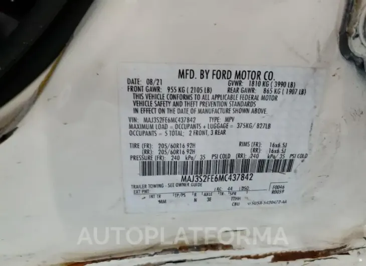 FORD ECOSPORT S 2021 vin MAJ3S2FE6MC437842 from auto auction Copart