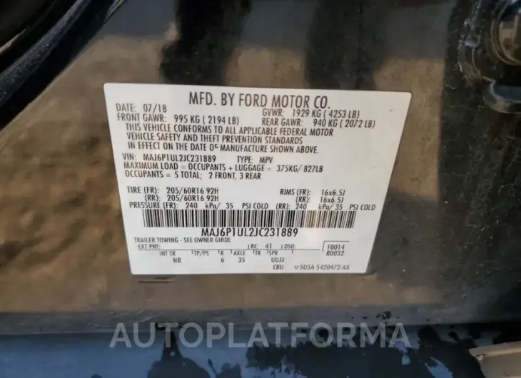 FORD ECOSPORT S 2018 vin MAJ6P1UL2JC231889 from auto auction Copart