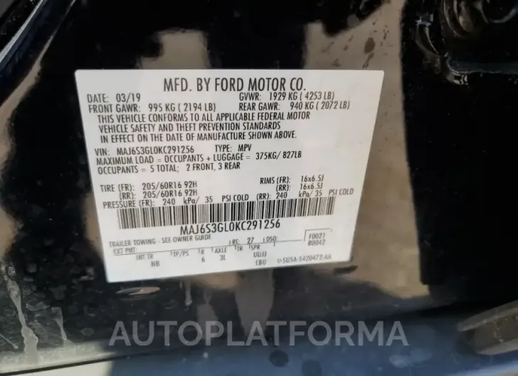 FORD ECOSPORT S 2019 vin MAJ6S3GL0KC291256 from auto auction Copart