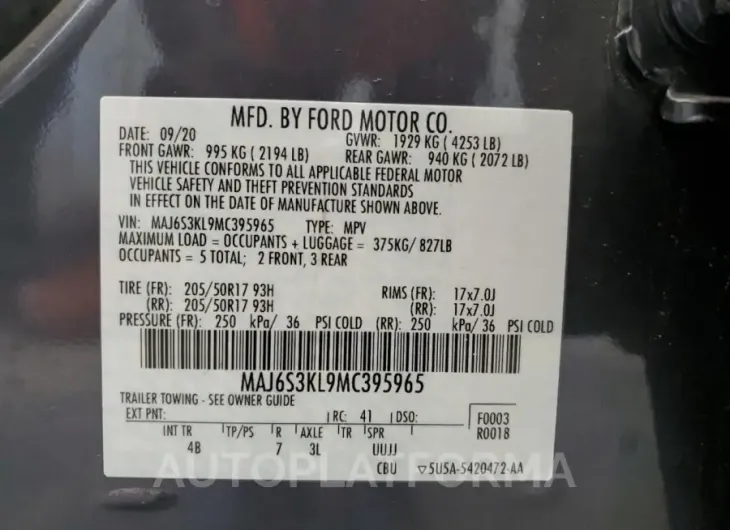 FORD ECOSPORT T 2021 vin MAJ6S3KL9MC395965 from auto auction Copart