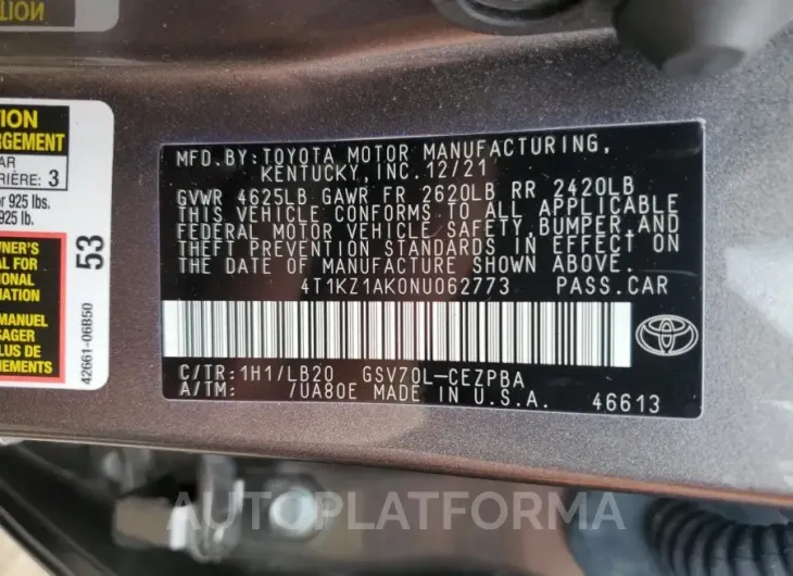 TOYOTA CAMRY TRD 2022 vin 4T1KZ1AK0NU062773 from auto auction Copart