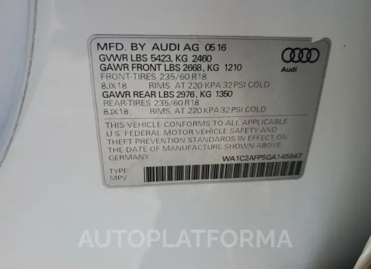 AUDI Q5 PREMIUM 2016 vin WA1C2AFP5GA145647 from auto auction Copart