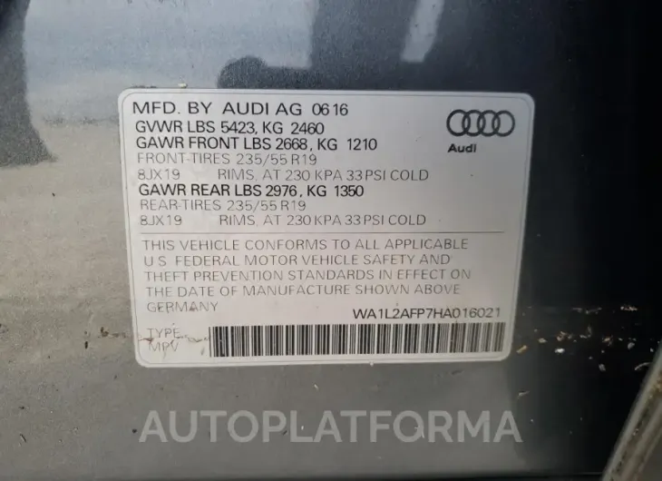 AUDI Q5 PREMIUM 2017 vin WA1L2AFP7HA016021 from auto auction Copart