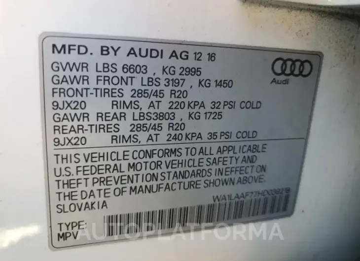 AUDI Q7 PREMIUM 2017 vin WA1LAAF77HD039218 from auto auction Copart