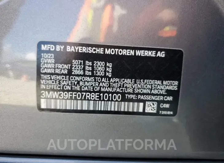 BMW 330E 2024 vin 3MW39FF07R8E10100 from auto auction Copart