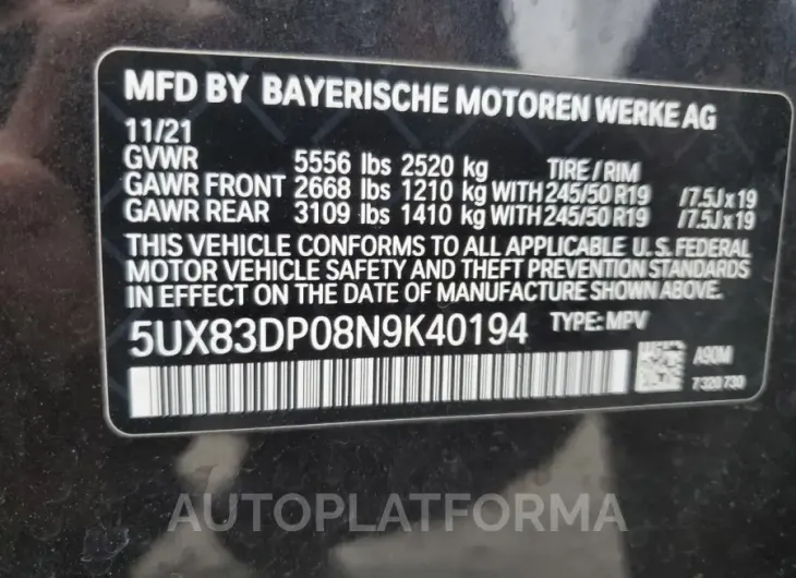 BMW X3 M40I 2022 vin 5UX83DP08N9K40194 from auto auction Copart