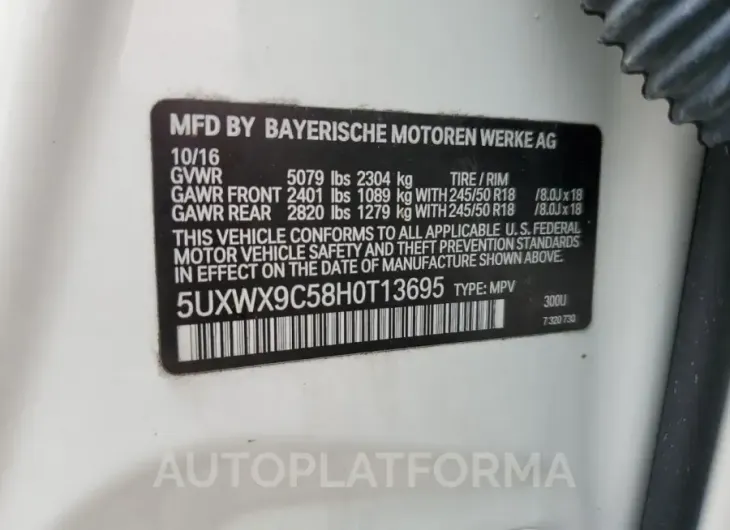 BMW X3 XDRIVE2 2017 vin 5UXWX9C58H0T13695 from auto auction Copart