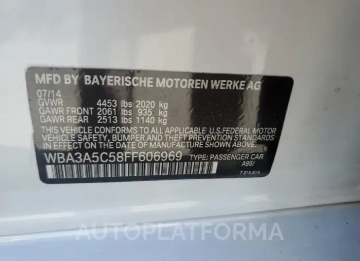 BMW 328 I 2015 vin WBA3A5C58FF606969 from auto auction Copart