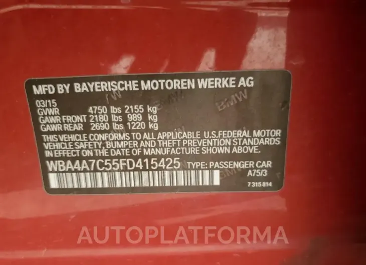 BMW 428 XI GRA 2015 vin WBA4A7C55FD415425 from auto auction Copart