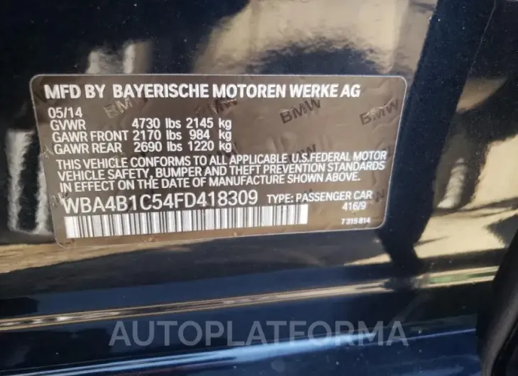 BMW 435 I GRAN 2015 vin WBA4B1C54FD418309 from auto auction Copart