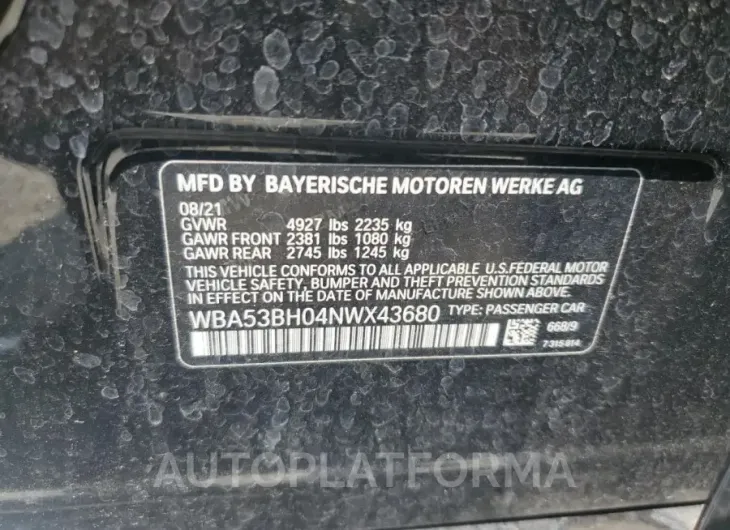 BMW 530 I 2022 vin WBA53BH04NWX43680 from auto auction Copart