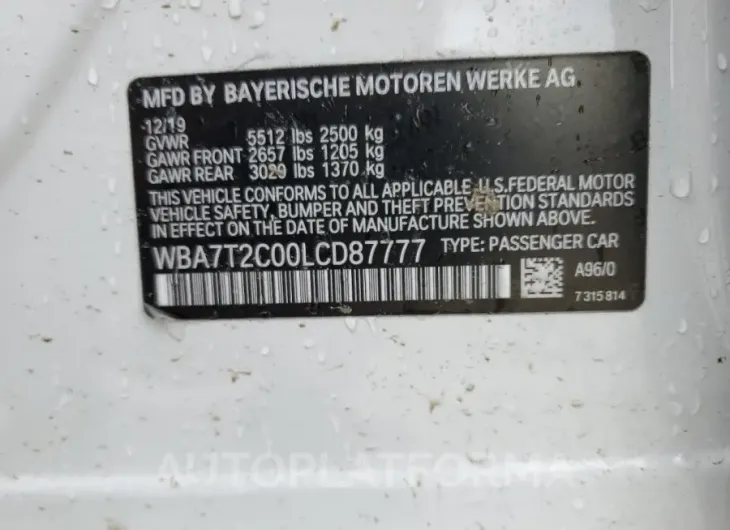 BMW 740 I 2020 vin WBA7T2C00LCD87777 from auto auction Copart