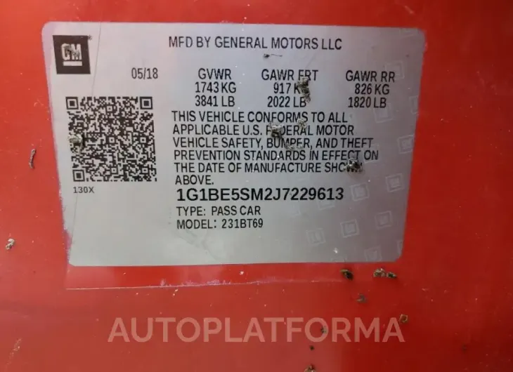 CHEVROLET CRUZE LT 2018 vin 1G1BE5SM2J7229613 from auto auction Copart