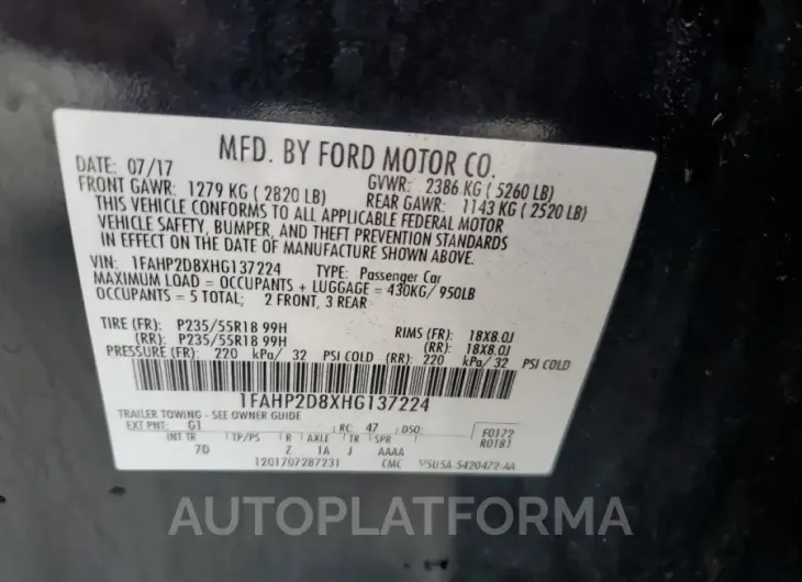 FORD TAURUS SE 2017 vin 1FAHP2D8XHG137224 from auto auction Copart