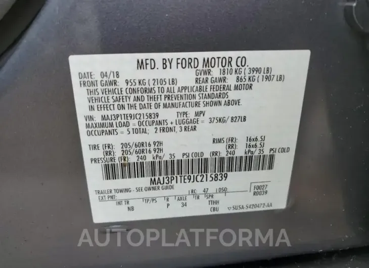 FORD ECOSPORT S 2018 vin MAJ3P1TE9JC215839 from auto auction Copart