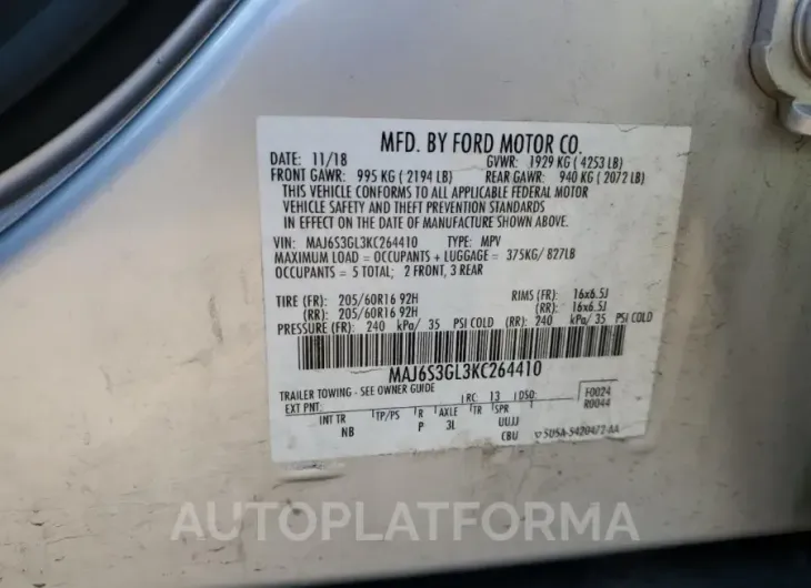 FORD ECOSPORT S 2019 vin MAJ6S3GL3KC264410 from auto auction Copart