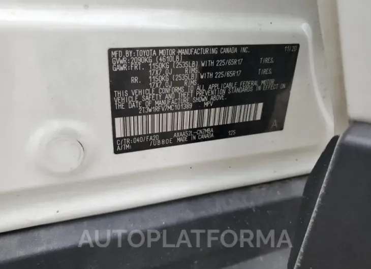 TOYOTA RAV4 XLE 2021 vin 2T3W1RFV7MC101389 from auto auction Copart