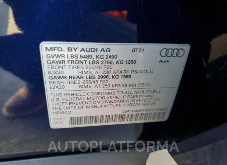 AUDI Q5 PREMIUM 2021 vin WA1BAAFYXM2129540 from auto auction Copart