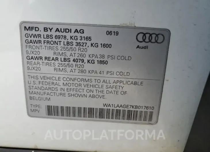 AUDI E-TRON PRE 2019 vin WA1LAAGE7KB017610 from auto auction Copart