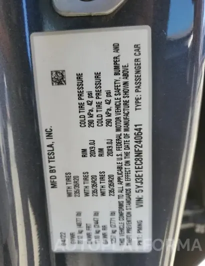 TESLA MODEL 3 2022 vin 5YJ3E1EC8NF240641 from auto auction Copart