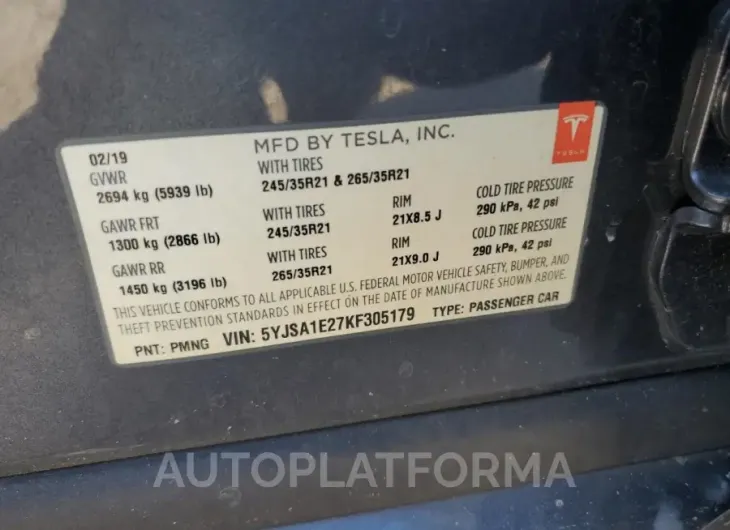 TESLA MODEL S 2019 vin 5YJSA1E27KF305179 from auto auction Copart