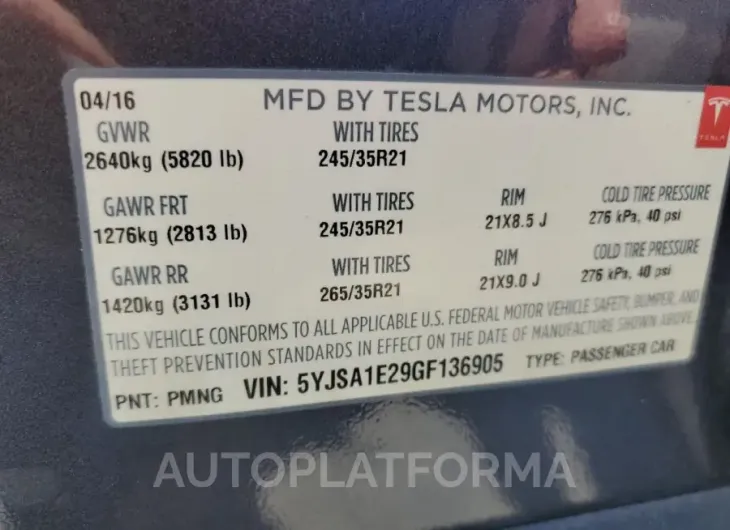 TESLA MODEL S 2016 vin 5YJSA1E29GF136905 from auto auction Copart