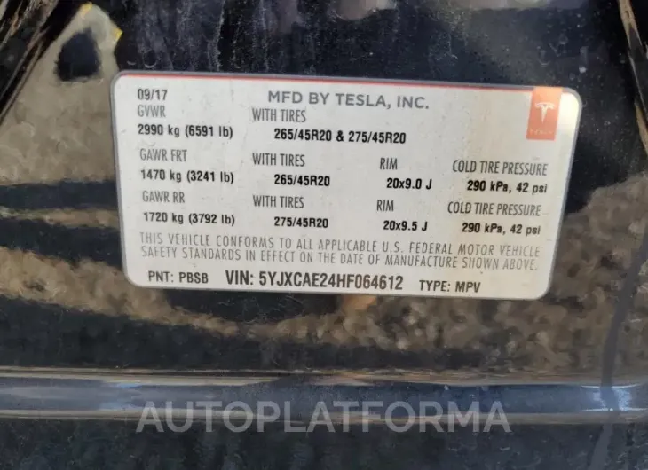 TESLA MODEL X 2017 vin 5YJXCAE24HF064612 from auto auction Copart