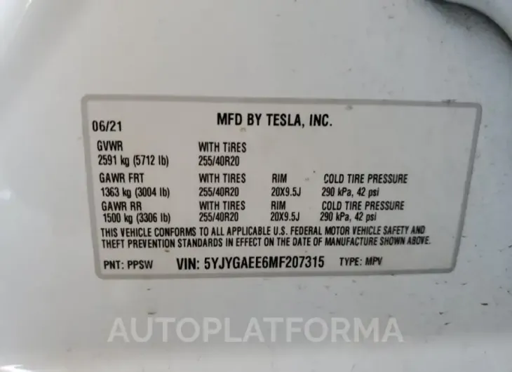 TESLA MODEL Y 2021 vin 5YJYGAEE6MF207315 from auto auction Copart