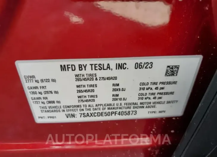 TESLA MODEL X 2023 vin 7SAXCDE50PF405873 from auto auction Copart