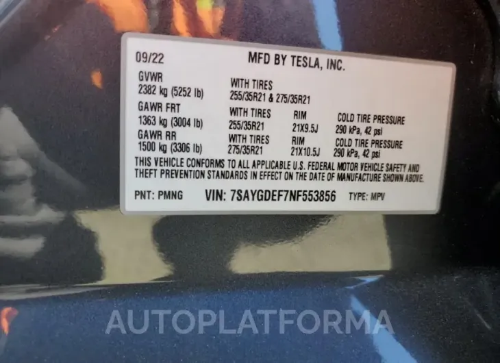 TESLA MODEL Y 2022 vin 7SAYGDEF7NF553856 from auto auction Copart