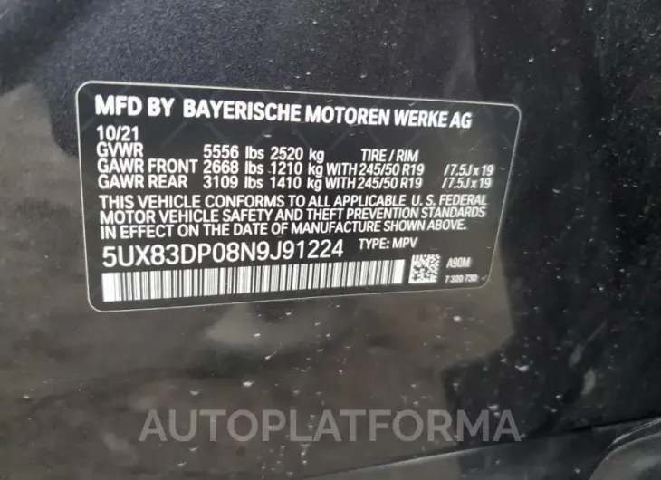 BMW X3 M40I 2022 vin 5UX83DP08N9J91224 from auto auction Copart